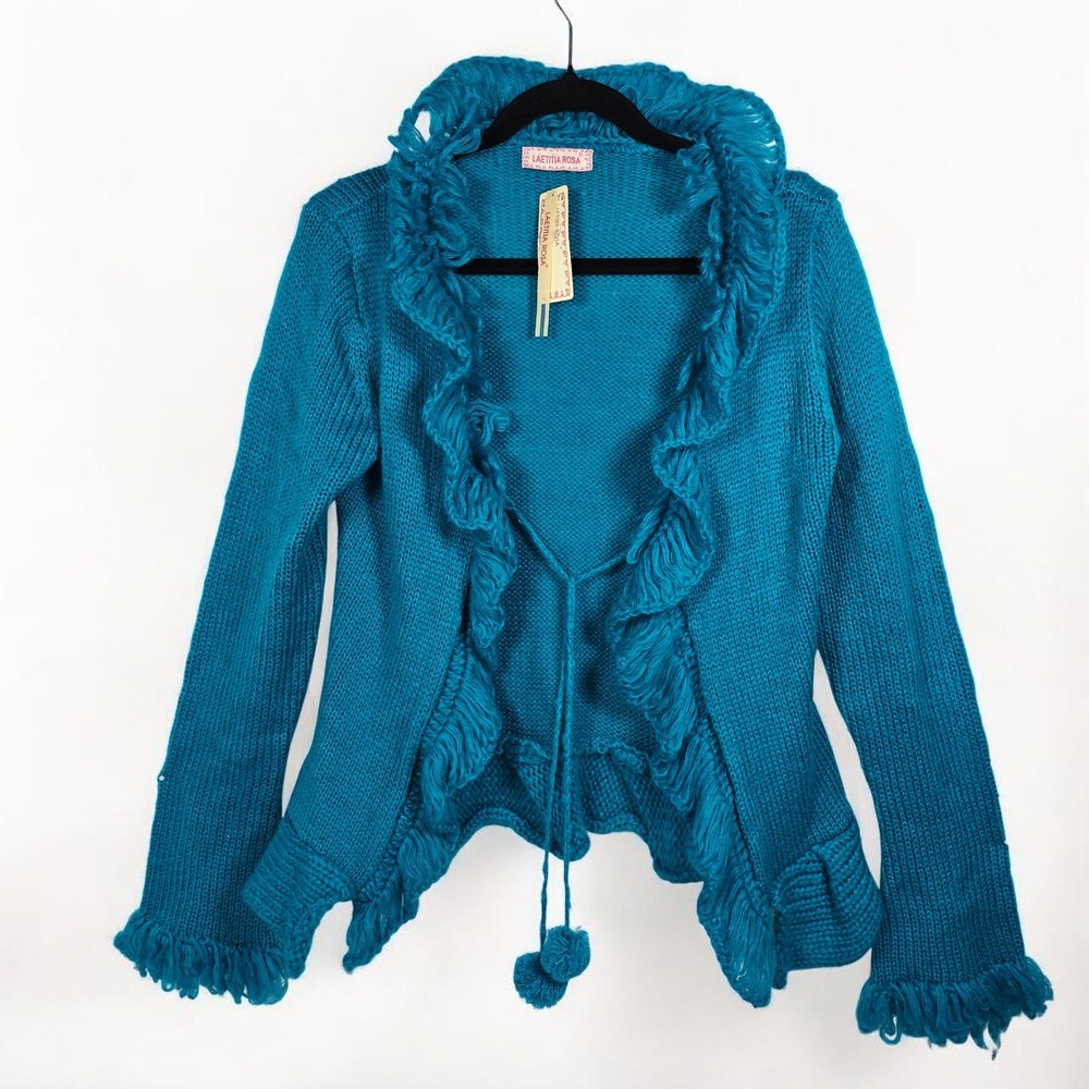 LAETITIA ROSA Blue Knit Fringe Cardigan Sweater Jacket Cashmere Wool Blend Women